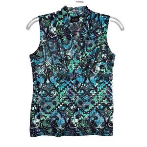 JKLA California Shirt Womens Medium Black Blue Geometric Floral Vintage 2000 Y2K